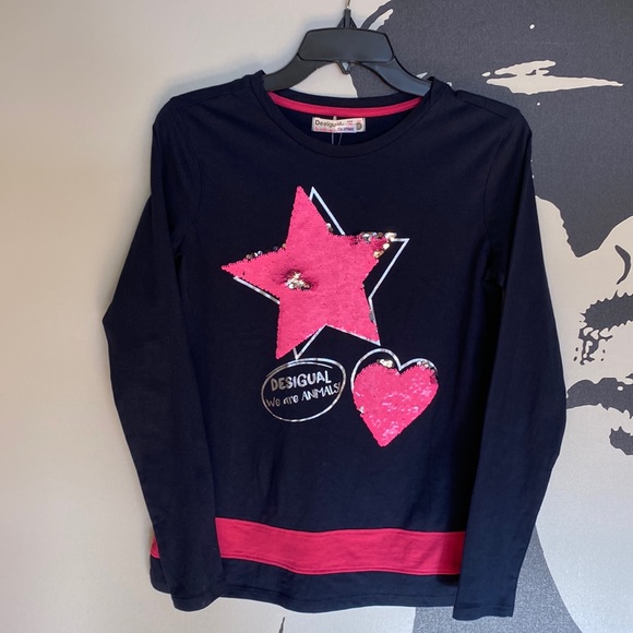 Desigual Long Sleeve Blue/Pink Tee Shirt w/Sequin Embellishment - Size 13/14 - Picture 1 of 9